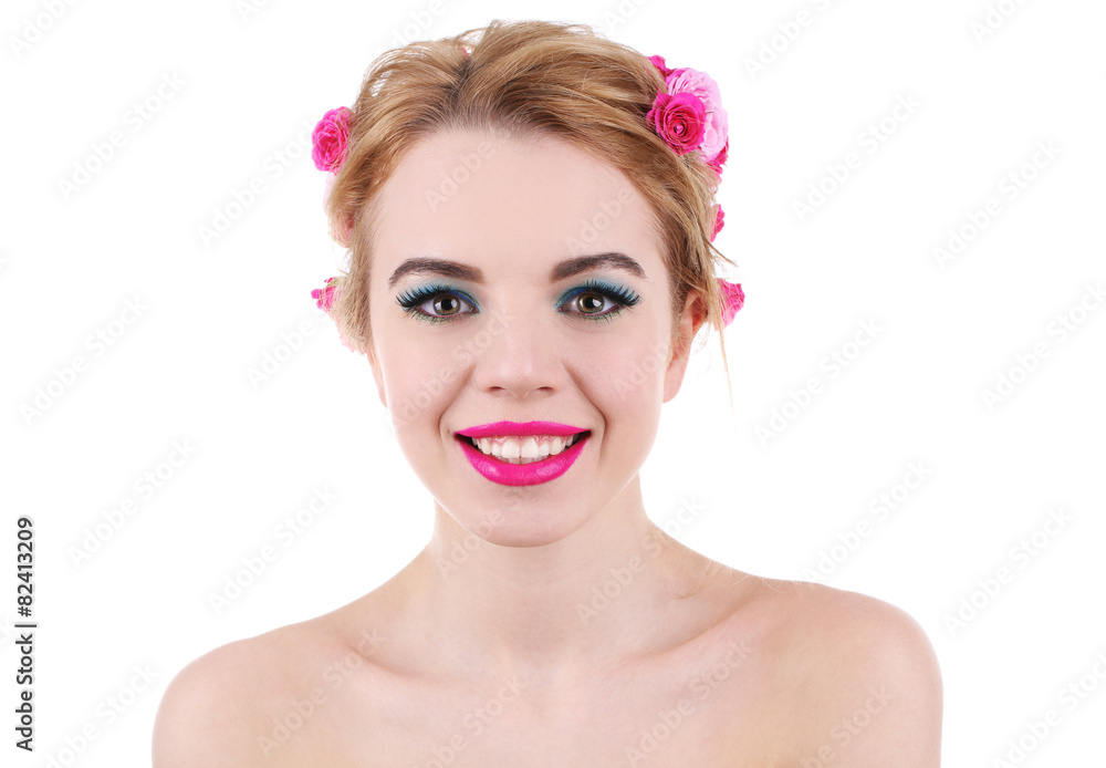 Portrait of young woman with flowers in hair isolated on white Portrait of young woman with flowers in hair isolated on white