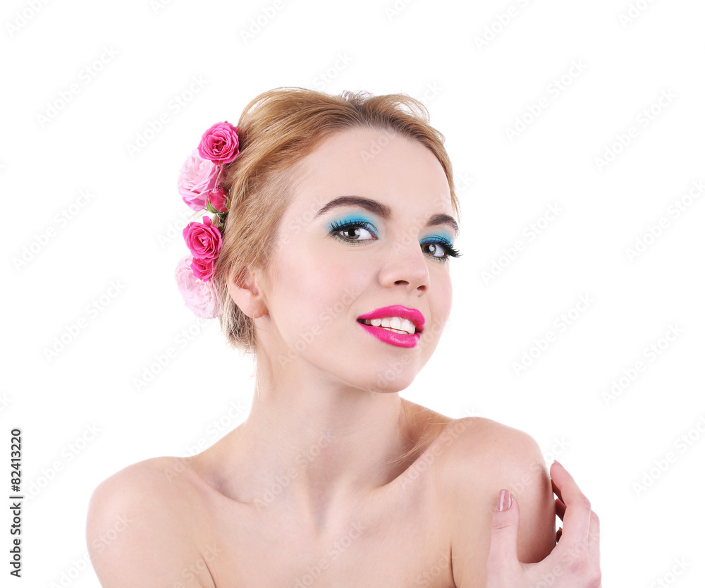 Portrait of young woman with flowers in hair isolated on white Portrait of young woman with flowers in hair isolated on white