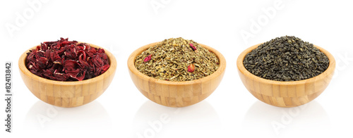 Assortment of tea in a wooden bowl