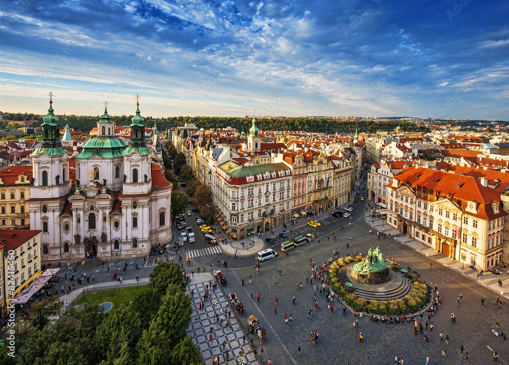 Panoramic view of Old Town Square in Prague, Czech Republic. Church of Our Lady before Tyn in Prague. Stare Mesto, Bohemia famous place in Prague. Architecture and landmark of Prague