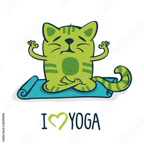 Green cartoon cat on blue mat in yoga position. Vector illustrat