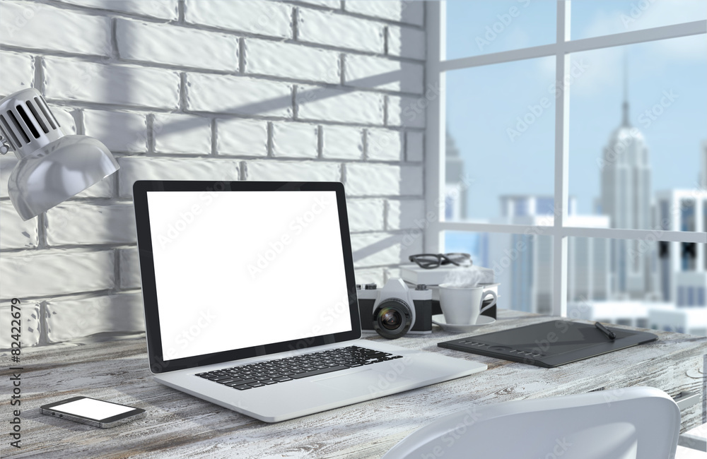 Fototapeta premium 3D illustration laptopand work stuff on table near brick wall in