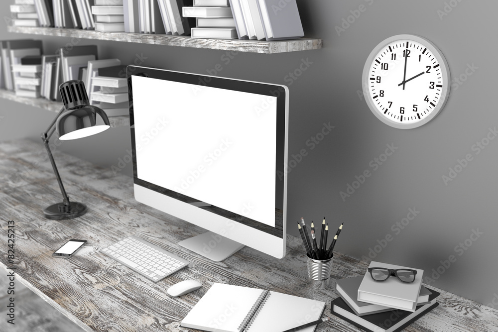 3D illustration PC screen on table in office, Workspace 3D illustration PC screen on table in office, Workspace