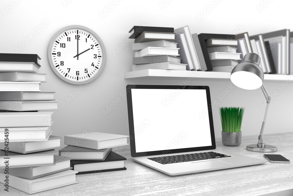 3D illustration laptop and books, Workspace 3D illustration laptop and books, Workspace