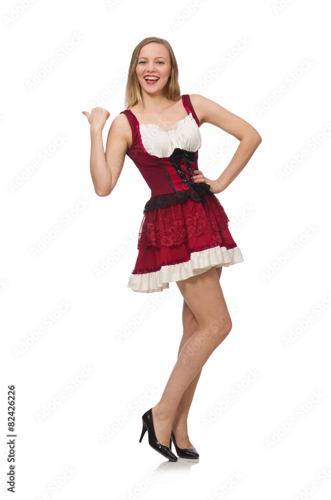 Woman wearing red dress in fashion concept isolated on white Woman wearing red dress in fashion concept isolated on white