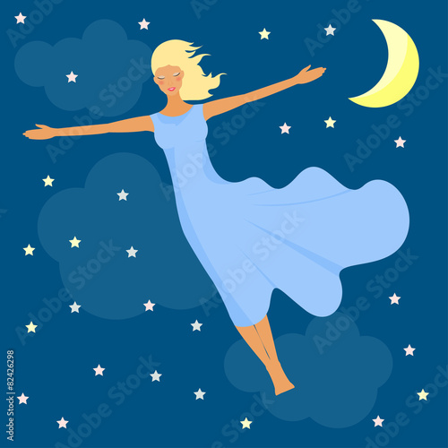 beautiful young girl flies in the night sky with stars and the m