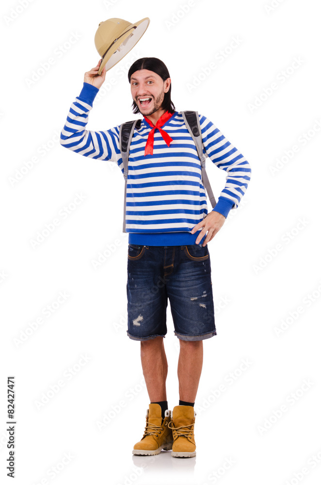 A tourist with bags isolated on white A tourist with bags isolated on white