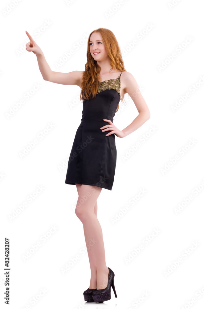 A girl in elegant black mini dress isolated on white A girl in elegant black mini dress isolated on white