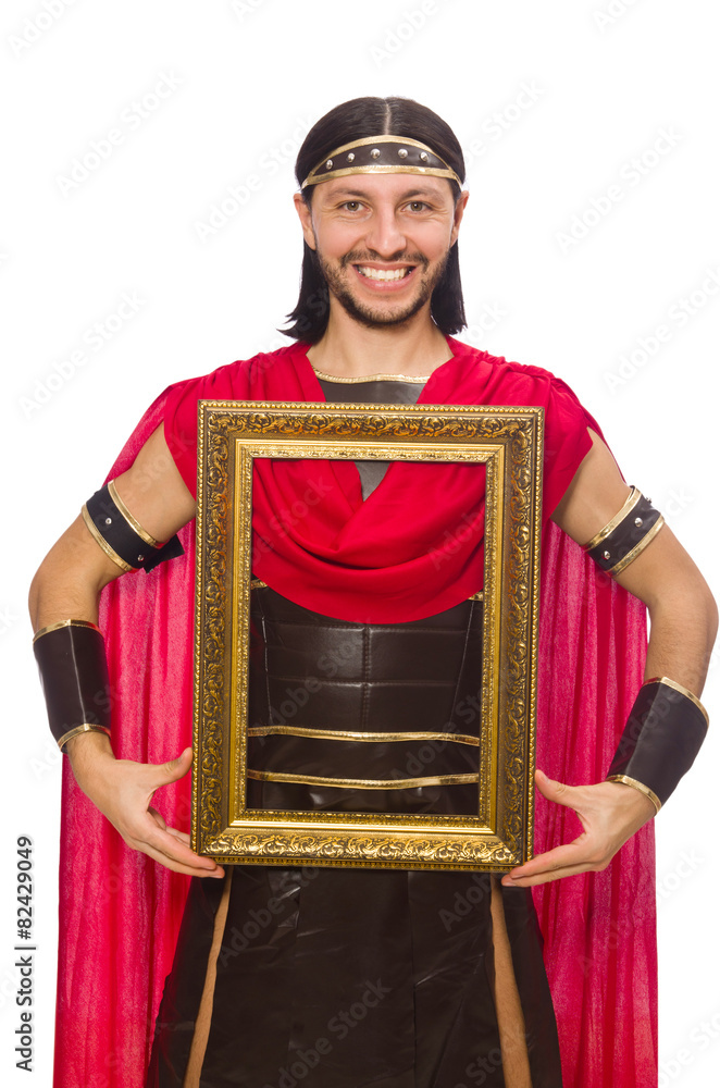 Gladiator holding picture frame isolated on white Gladiator holding picture frame isolated on white