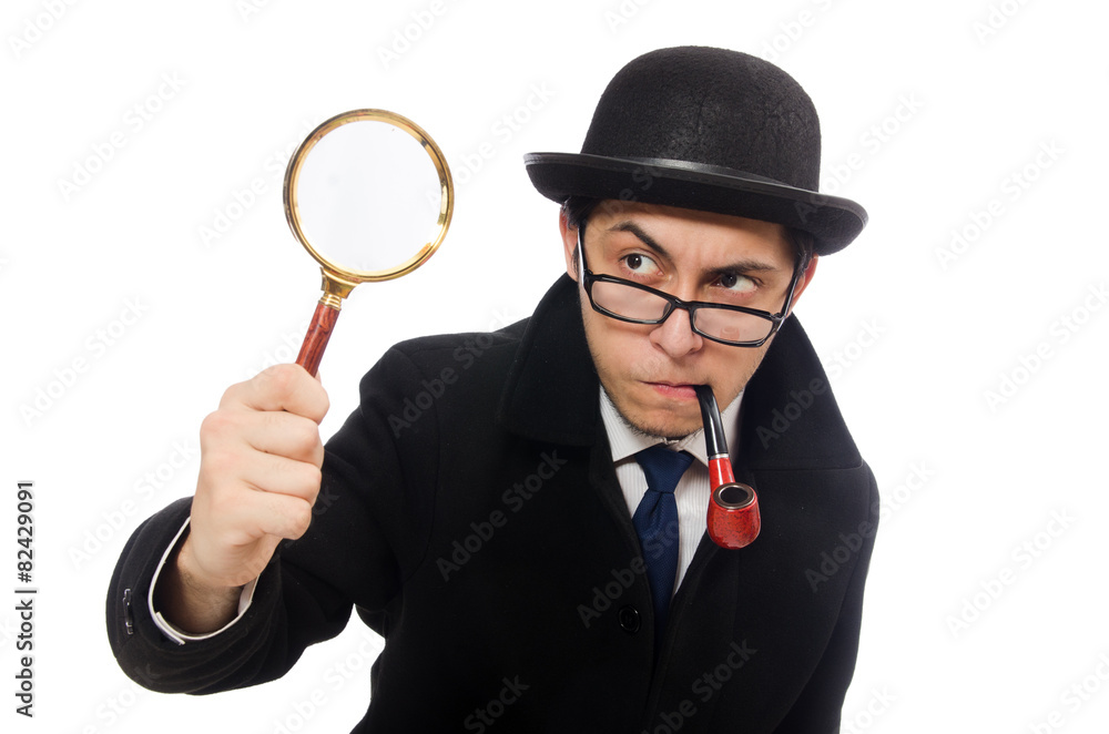 Sherlock Holmes with magnifying glass isolated on white Stock Photo | Adobe  Stock