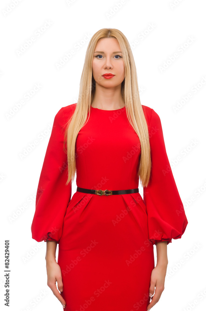 Beautiful woman in red long dress isolated on white Beautiful woman in red long dress isolated on white