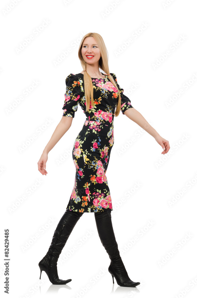 Cute blonde girl in floral dress isolated on white Cute blonde girl in floral dress isolated on white