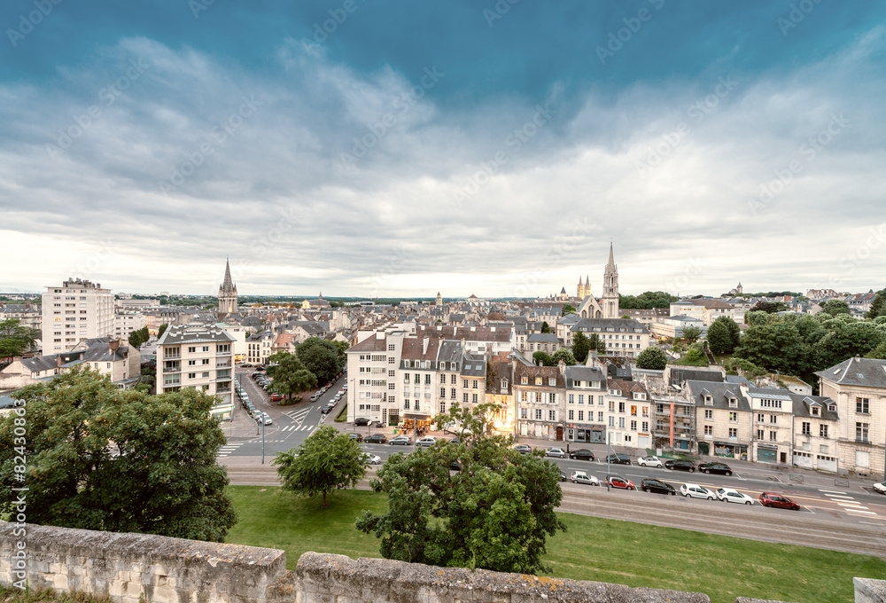 Caen, France. Aerial cityscape at dusk