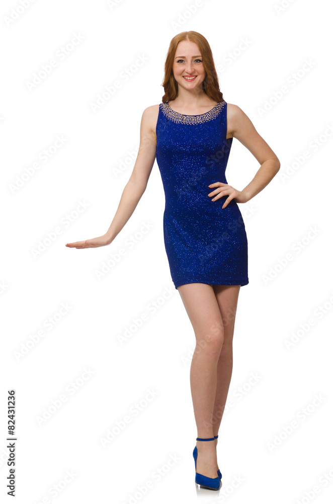 Pretty red hair girl in blue dress isolated on white Pretty red hair girl in blue dress isolated on white