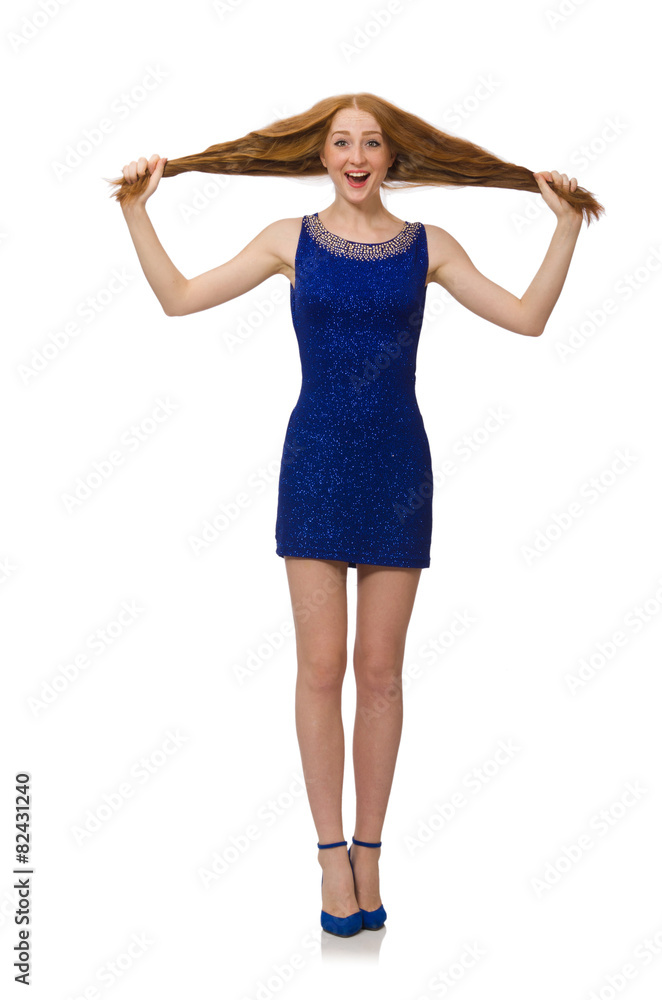 Pretty red hair girl in blue dress isolated on white Pretty red hair girl in blue dress isolated on white