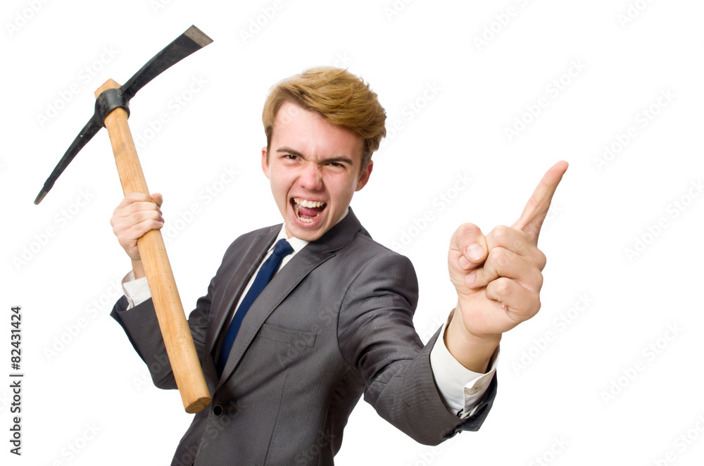 Young businessman with weapon isolated on white