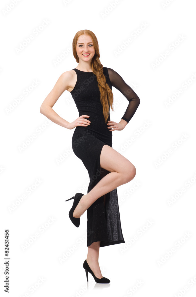 Fototapeta premium Young lady in elegant black dress isolated on white