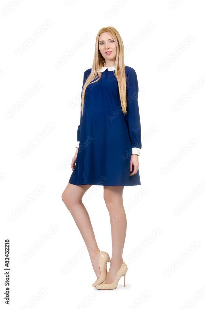 Beautiful pregnant woman in blue dress isolated on white Beautiful pregnant woman in blue dress isolated on white