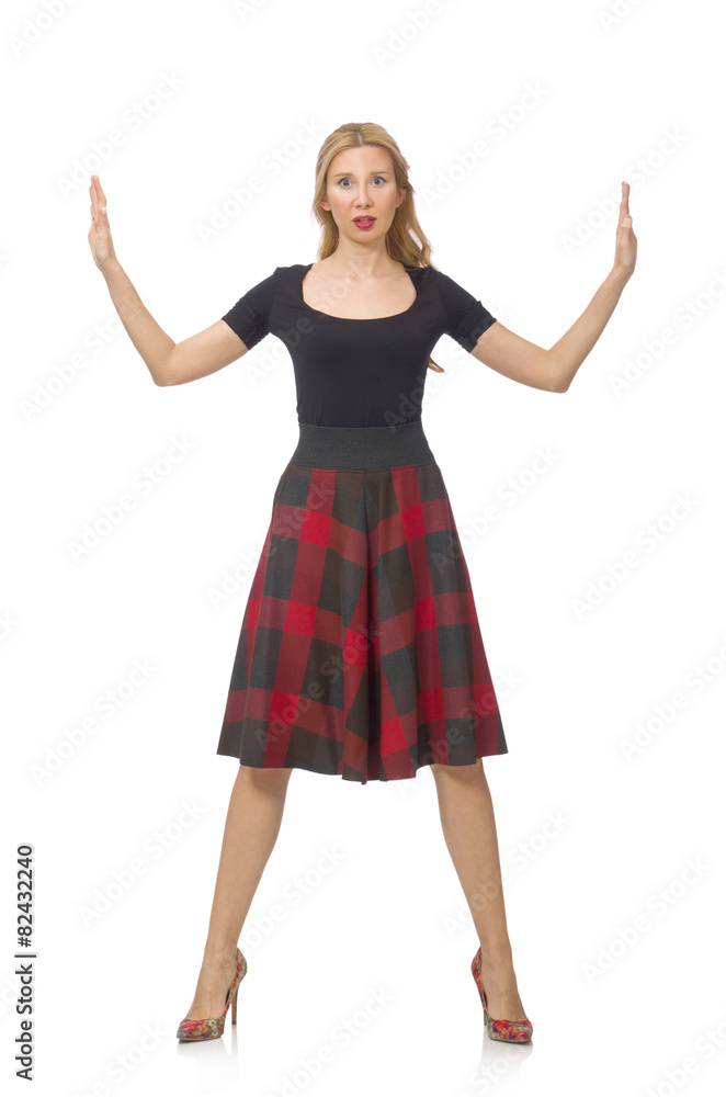 Beautiful young woman in plaid dress isolated on white Beautiful young woman in plaid dress isolated on white