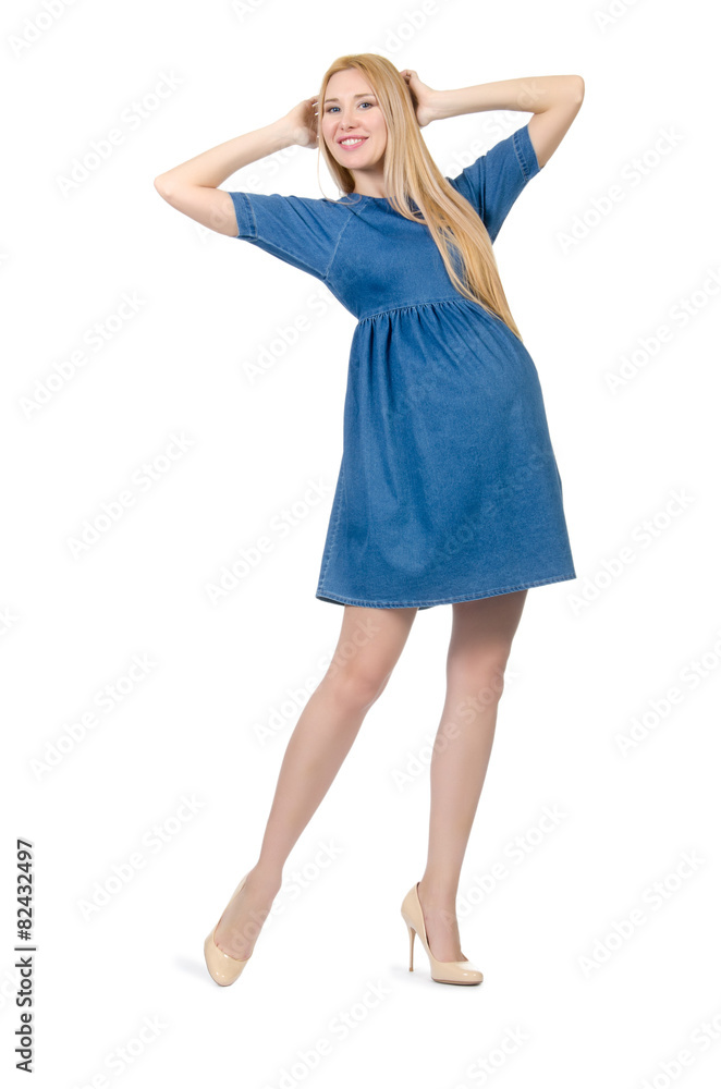 Beautiful pregnant woman in blue dress isolated on white Beautiful pregnant woman in blue dress isolated on white