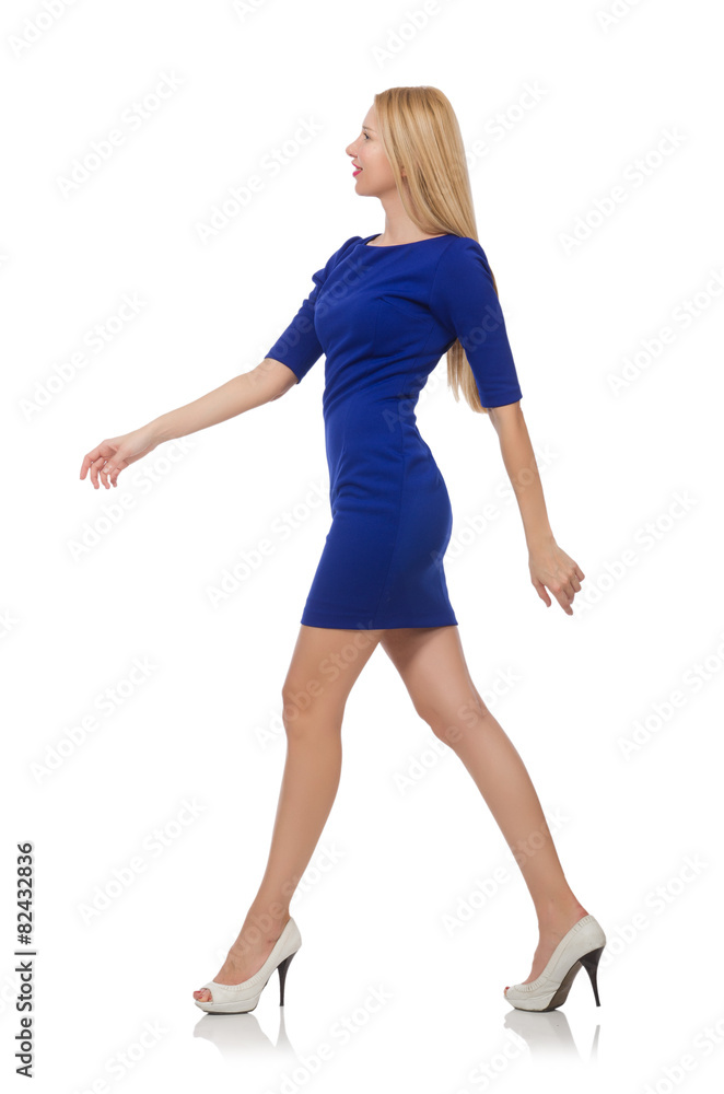 Beautiful lady in dark blue dress isolated on white Beautiful lady in dark blue dress isolated on white