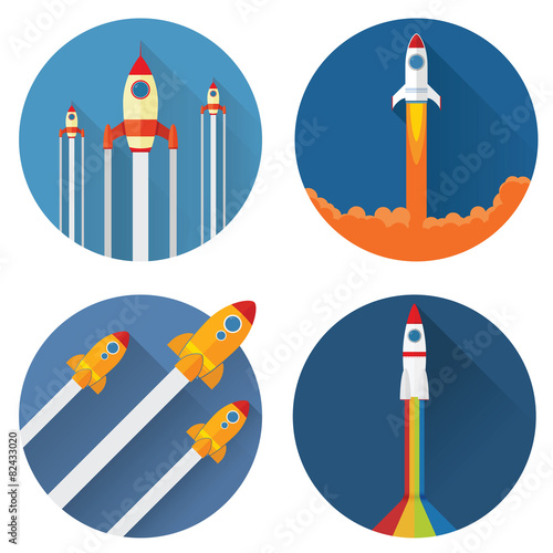 4 Different flat Rocket launch with various shape and smoke
