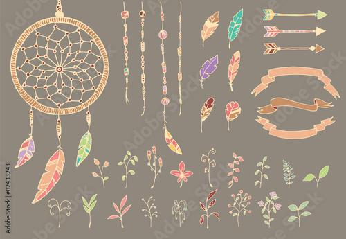 Hand drawn native american feathers, dream catcher, flowers