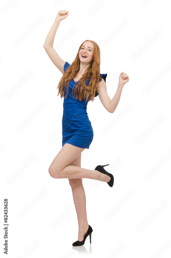 Beautiful lady in dark blue dress isolated on white Beautiful lady in dark blue dress isolated on white