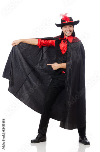 Young man in carnival coat isolated on white