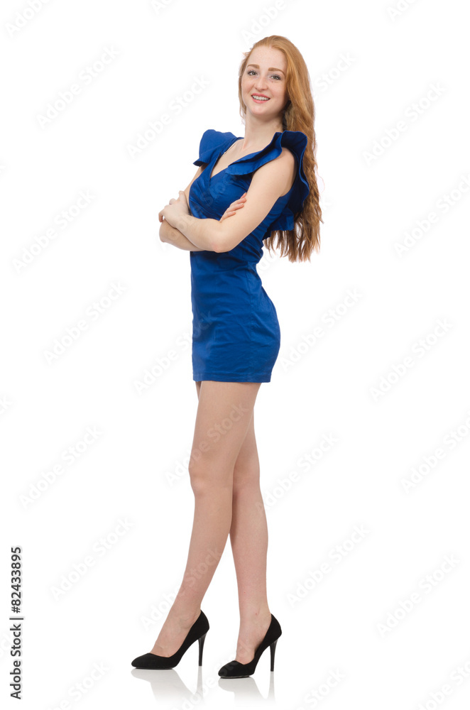 Beautiful lady in dark blue dress isolated on white Beautiful lady in dark blue dress isolated on white