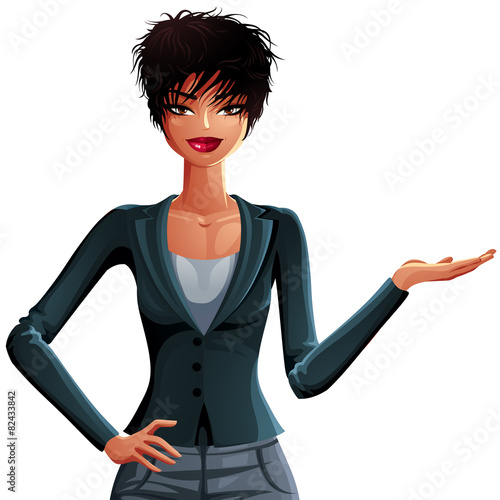 Beautiful tanned businesswoman showing some empty copy space to