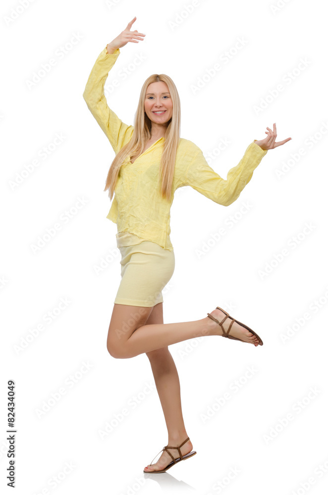 Pretty young woman in summer yellow clothing isolated on white Pretty young woman in summer yellow clothing isolated on white
