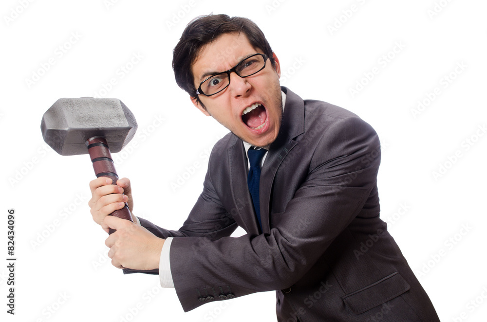Business man holding hammer isolated on white Business man holding hammer isolated on white