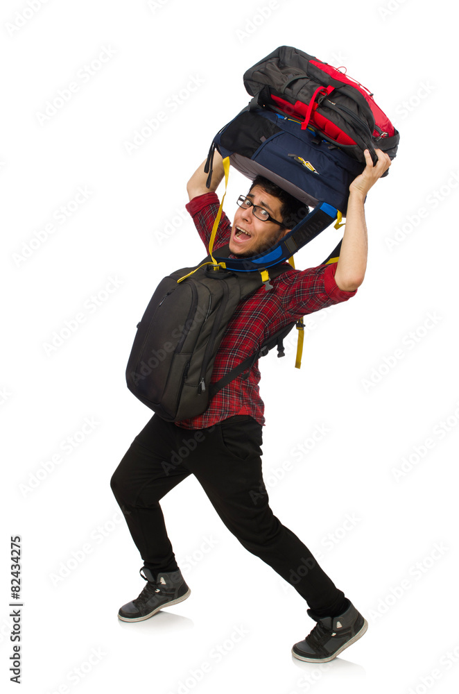 Young man with bags isolated on white Young man with bags isolated on white