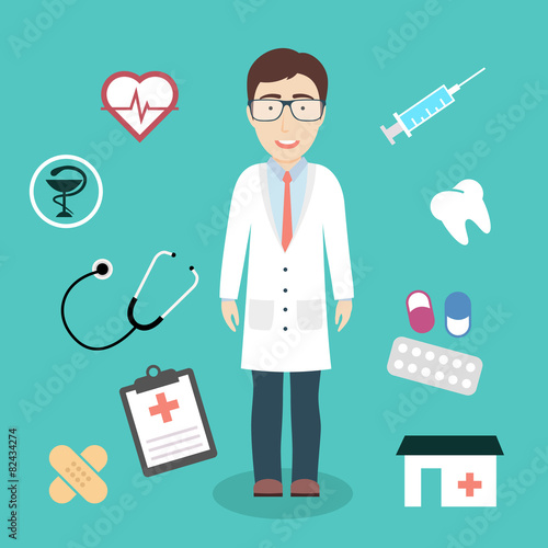 Vector Illustration of a Male Doctor and Medical Elements.