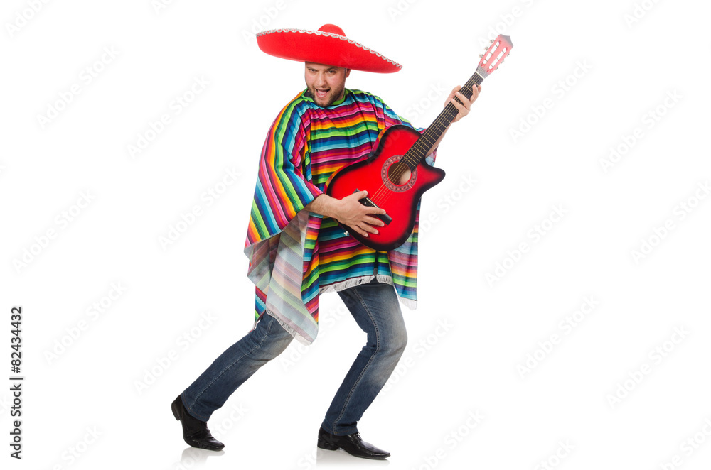 Funny mexican with guitar isolated on white Funny mexican with guitar isolated on white