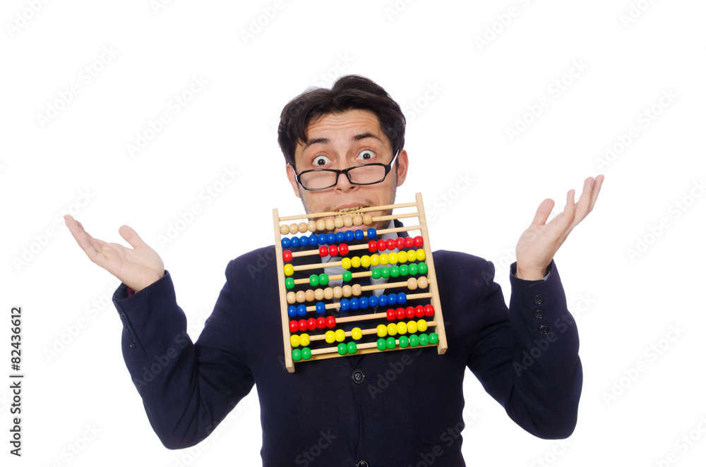 Funny businessman with abacus isolated on the white