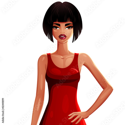 Beautiful tanned slender woman wearing an elegant emerald dress,