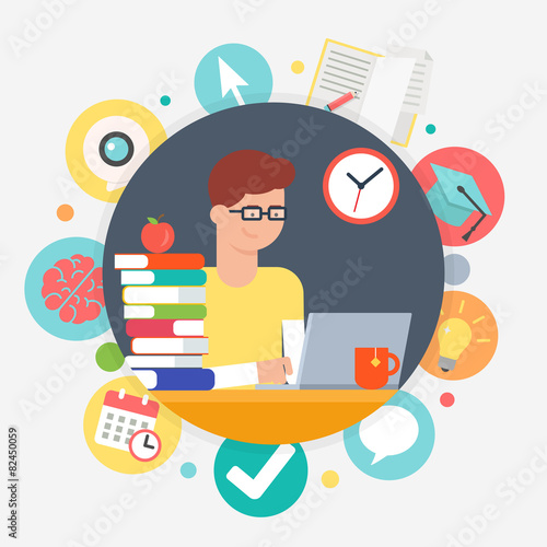 Online education and e-learning concept, student learning. Vecto