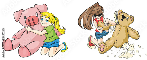 Two girls with a different expression to their dolls. One treats