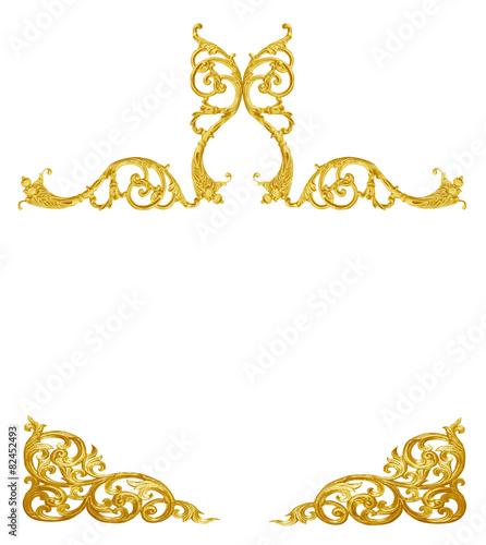 Pattern of gold metal frame carve flower on white background
