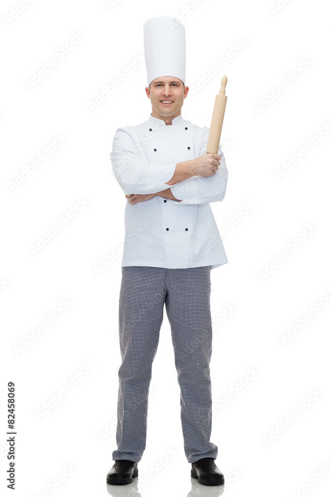 happy male chef cook holding rolling pin happy male chef cook holding rolling pin