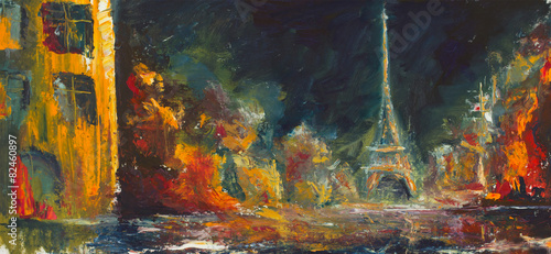 Abstract night paris. Original oil old city on canvas.Modern #82460897