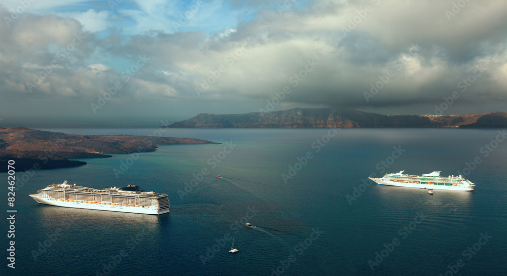 Sea liner in bay near Santorini island, Greece