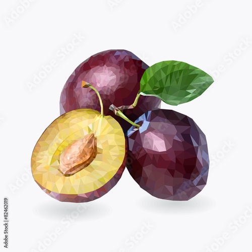 Plums half with leaves isolated on white background. Vector illustration, polygon art.