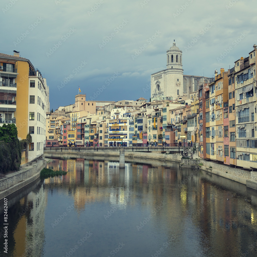Girona skyline on a vintage effect