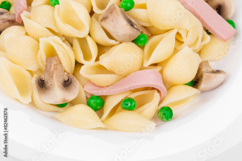 Close up of Italian pasta shells.