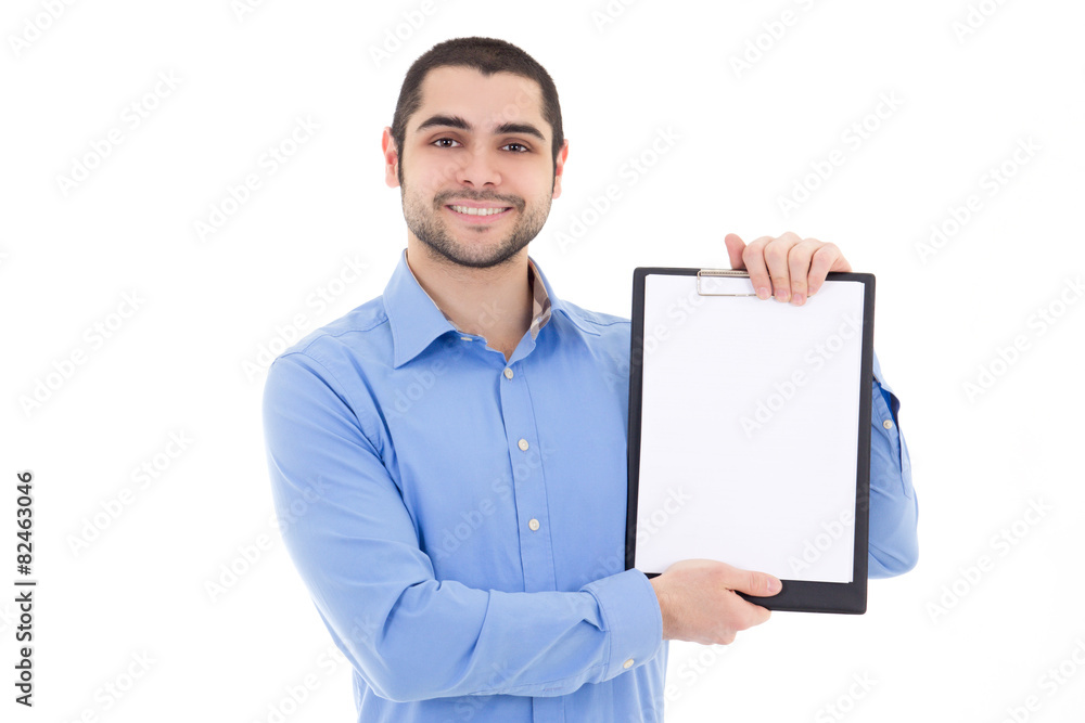 young handsome bearded arabic man showing clipboard with copy sp young handsome bearded arabic man showing clipboard with copy sp