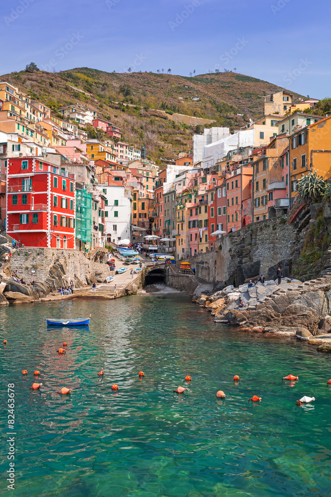 Riomaggiore town on the coast of Ligurian Sea, Italy