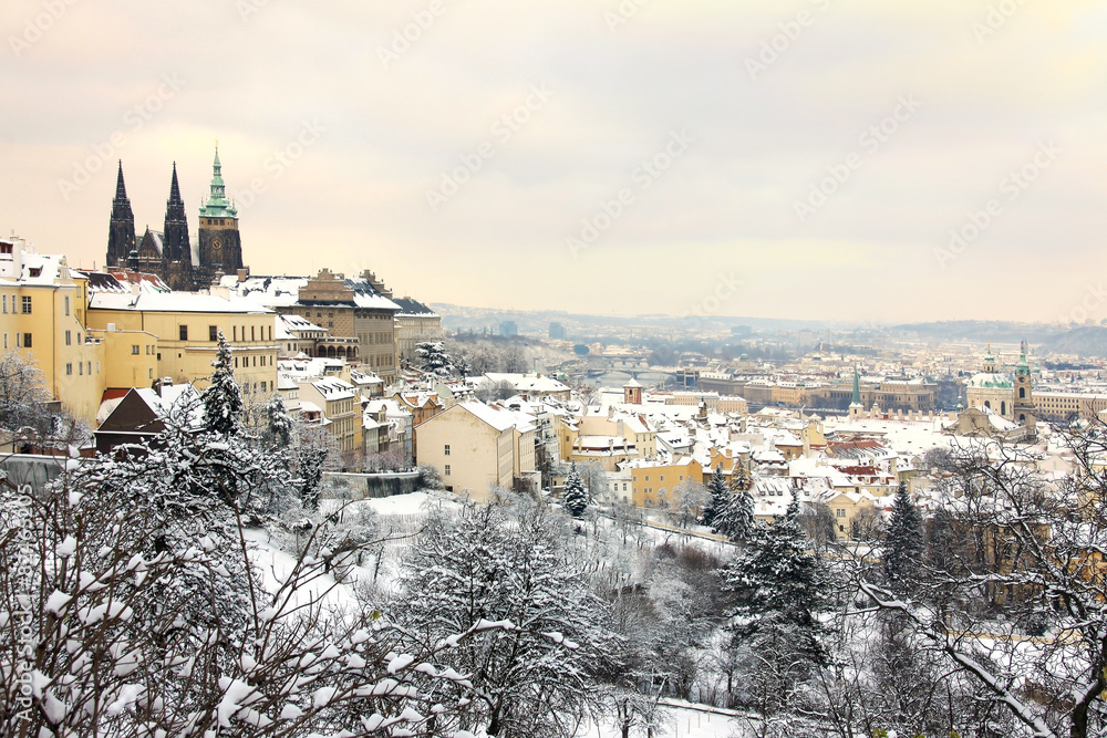 Snow in Prague City with gothic Castle, Czech Republic